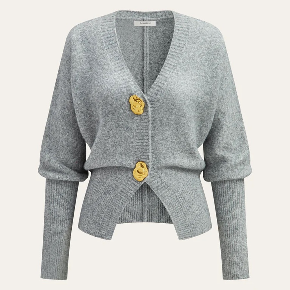 Commense Gray Cardigan Sweater with Gold Accents Wool blend